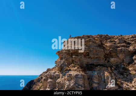 Vista posteriore del viaggiatore uomo che si erge solo sulla montagna e guarda al paesaggio marino autunnale. Escursioni in stagione fredda. Foto di alta qualità Foto Stock