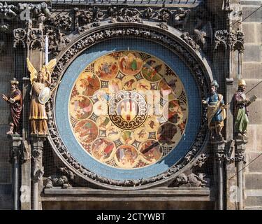 PRAGA, REPUBBLICA CECA - 18 LUGLIO 2019: Primo piano particolare del quadrante del Calendario dell'Orologio Astronomico di Praga Foto Stock