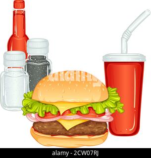 Ancora vita con hamburger, cola, sale, pepe e salsa. Immagine vettoriale a colori isolata su sfondo bianco. Menu Burger. Icona fast food. Illustrazione Vettoriale