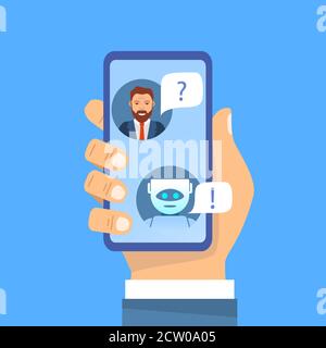 L'intelligenza artificiale.l'uomo che parla fa un assistente di question.Robot. Illustrazione Vettoriale