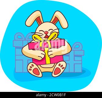 Coniglio che tiene regalo box.cartoon lepre simbolo romantico. Divertente personaggio animale del bambino. Illustrazione Vettoriale