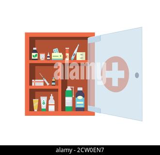 Armadio medico rosso con sportello trasparente in vetro aperto e chiuso. Medicina torace Illustrazione Vettoriale
