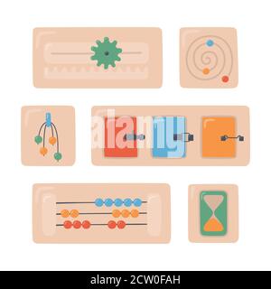 Tavole Montessori. Giocattoli di legno per bambini per bambini in età prescolare. Sistema Montessori per lo sviluppo della prima infanzia. Illustrazione Vettoriale