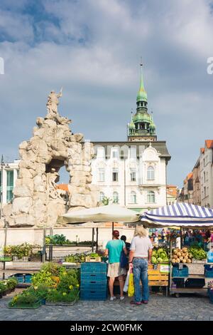 Brno (Brünn): Mercato di verdure, torre del Municipio Vecchio, fontana di Parnas nella Città Vecchia, Jihomoravsky, Südmähren, Moravia Sud, ceco Foto Stock