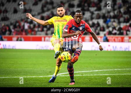 Mehdi ABEID del FC Nantes e DEL SOUMARE di Boubakary di Lille Durante il campionato francese Ligue 1 partita di calcio tra Lille OSC e FC Nantes su Septe Foto Stock