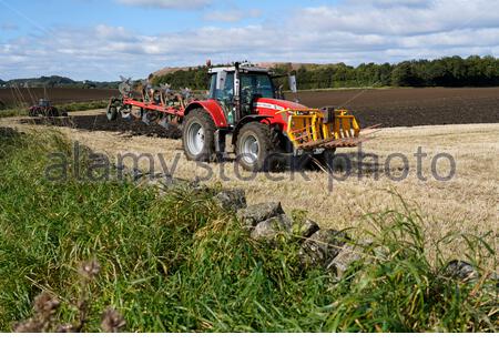 West Lothian, Scozia, Regno Unito. 26 settembre 2020. Trattori agricoli che arano e coltivano la terra nei campi, preparazione per la piantagione di colture, orzo invernale e frumento invernale. Credit: Craig Brown/Alamy Live News Foto Stock