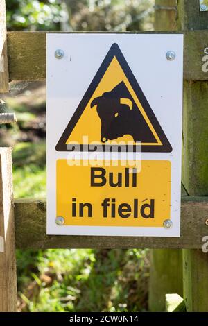 Cartello segnaletico Bull in Field - Regno Unito Foto Stock