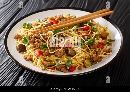 Pasto Chinese Eggplant Stew con carne di maiale sminuzzata, noodles è una popolare cucina Sichuan ed è molto comune in cinese primo piano in un piatto sul tavolo. Hori Foto Stock