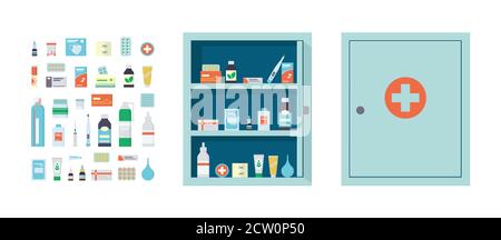 Cassa della medicina piena di farmaci, compresse e flaconi. Armadio medico con sportello chiuso e aperto. Illustrazione Vettoriale
