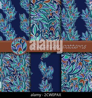 Serie vettoriale di motivi senza cuciture con elementi floreali. Collezione di motivi in blu scuro e marrone. Illustrazione Vettoriale