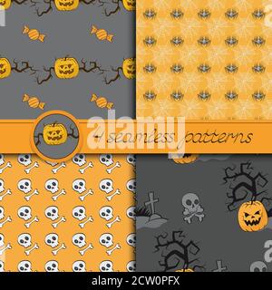 Insieme vettoriale di quattro motivi senza giunture di Halloween, nei colori nero, grigio e arancione. Illustrazione Vettoriale
