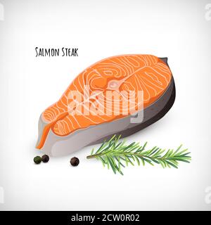 Bistecca di salmone in stile piatto, rametti di rosmarino, grani di pepe nero. Prodotto biologico di pesce ecologico. Bistecca di salmone con caratteri. Elementi per disegni culinari. Vettore Illustrazione Vettoriale