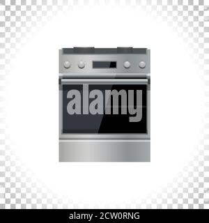 Icona della stufa da cucina. Cucina moderna con forno. Concetto di elettrodomestici. Vista frontale. Metallo e vetro nero. Stufa in argento isolato su sfondo trasparente Illustrazione Vettoriale