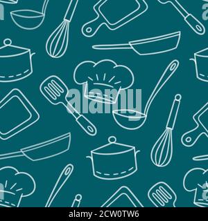 Ristorante Chef. Simpatico motivo senza cuciture disegnato a mano. Illustrazione vettoriale Illustrazione Vettoriale