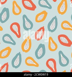 Papaya frutta. Metà della papaia. Modello senza giunture astratto disegnato a mano. Vettore Illustrazione Vettoriale