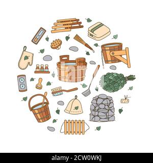 Set di accessori per bagno e sauna disegnati a mano. Vasca e scopa di betulla, porta-pentole e cappello, termometro, massaggiatore e altro. Illustrazione vettoriale Illustrazione Vettoriale