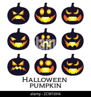 Pauroso e divertente volti di Halloween zucca o fantasma impostato su sfondo bianco . Raccolta vettoriale. Illustrazione Vettoriale
