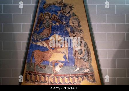 Pittura murale Navasa, affresco con ritocchi asciutti, strappato e trasferito su tela, intorno al 1200, Navasa, Museo Diocesano di Jaca, Huesca, Spagna Foto Stock