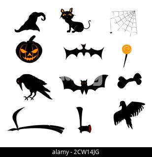 Set di silhouette dei personaggi di Halloween per la progettazione di siti Web, banner e biglietti di invito per le feste. Illustrazione Vettoriale