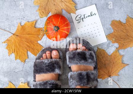 Morbide e comode ciabatte per la casa sulle gambe delle donne accanto al calendario, foglie gialle e vista dall'alto della zucca. Sfondo autunno Foto Stock