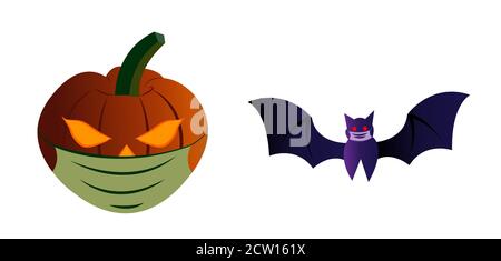 Le illustrazioni mostrano un latern di zucca e una maschera che indossa pipistrelli per descrivere l'importanza della sicurezza sanitaria durante questo periodo cruciale di pandemia. Illustrazione Vettoriale