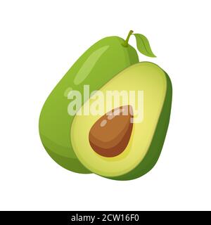 Avocado frutta fresca realistica. Interi e tagliati a metà avocado. Illustrazione Vettoriale