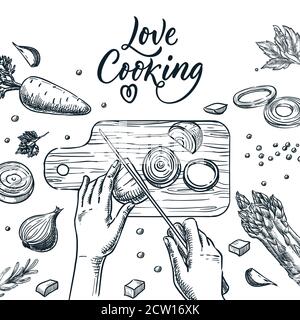Cottura sana, processo di preparazione dei pasti illustrazione di schizzo vettoriale. Le mani umane tagliano la cipolla con il coltello sul tagliere. Calli disegnati a mano amore cottura Illustrazione Vettoriale