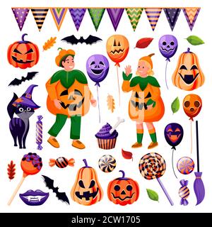 Halloween decorazione elementi di design collezione. Palloncini di vacanza con faccia grinning, caramella, gatto nero, icone pipistrelli. Bambini in divertenti costumi di zucche Illustrazione Vettoriale