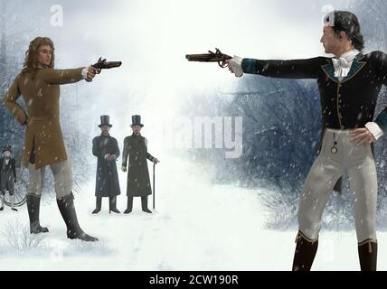 Due uomini vittoriani si affrontano in un duello con pistole flintlock, in un arido paesaggio invernale, rendering 3d. Foto Stock