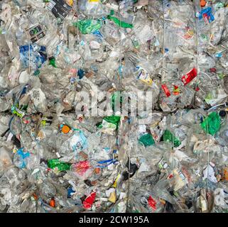 Fasci di bottiglie di plastica frantumata trasportate per il riciclaggio, New Jersey, USA Foto Stock