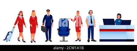 Il personale delle compagnie aeree dell'aeroporto è isolato su sfondo bianco. Illustrazione vettoriale. Uomini donne lavoratori dell'aviazione professionale. Pilota, stewardess, registrazione Illustrazione Vettoriale