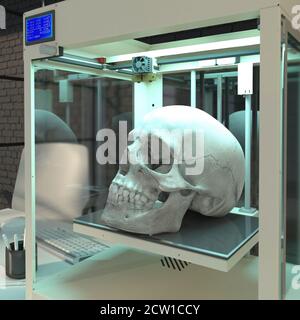 Stampante 3d, stampa 3d, cranio umano, ossa cranio, organo umano, tecnologie del futuro, trapianto di organi, sistemi 3D, fantascienza, futuro, arte Foto Stock