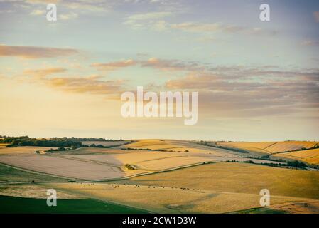 Vista dal Cissbury Ring a West Sussex, Inghilterra, in una serata estiva Foto Stock