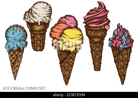 Set vettoriale di coni di gelato colorati disegnati a mano Illustrazione Vettoriale