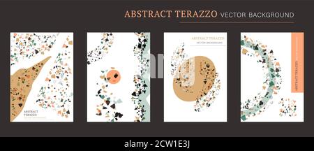 Set poster interno Vector terazzo. Astratto expressionismo testurizzato sfondi fatto fom reale rotto piccole mattonelle chip. Moderna collezione di carte d'arte in marmo pastello per stampa e web. Illustrazione Vettoriale