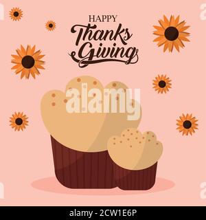 giornata di ringraziamento felice con muffin e fiori vettoriali design Illustrazione Vettoriale