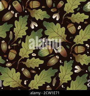 Handdished trendy foresta di sfondo. Modello vettoriale senza giunture. Design autunnale floreale in stile piatto. Quercia lasciare e acorn arte con una falda notturna. Illustrazione Vettoriale