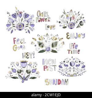 Set floreale di carte con lettere disegnate a mano. Bella collezione di bouquet estivo. Citazione ispiratrice per donna, regalo di donna. Illustrazione del vettore dei fiori. Goda, potere della ragazza, amore, tatto buon, domenica. Illustrazione Vettoriale