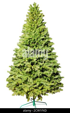 Albero verde di Natale artificiale senza decorazioni su un supporto in metallo isolato su uno sfondo bianco. Foto Stock