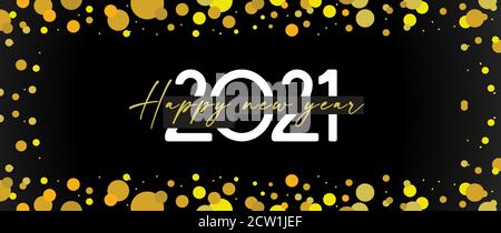 Felice anno nuovo- 2021 . Banner con . Lucenti confetti dorati su nero per il design delle vacanze Illustrazione Vettoriale