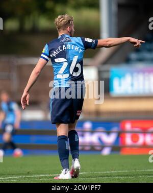 High Wycombe, Regno Unito. 26 Settembre 2020. Jason McCarthy di Wycombe Wanderers durante la partita del campionato Sky Bet tra Wycombe Wanderers e Swansea City ha giocato a porte chiuse a causa delle linee guida del governo pandemiche COVID-19 in corso, in cui i tifosi non sono in grado di partecipare ad Adams Park, High Wycombe, Inghilterra, il 26 settembre 2020. Foto di Andy Rowland. Credit: Prime Media Images/Alamy Live News Foto Stock