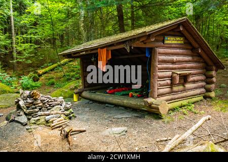 Cabina in legno nella foresta con attrezzatura da letto in estate nessuno intorno Foto Stock