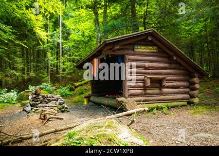 Cabina in legno nella foresta con attrezzatura da letto in estate nessuno intorno Foto Stock