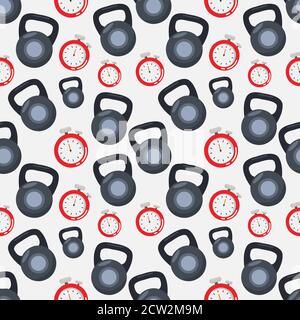 kettlebell e cronometro motivo senza cuciture vettore illustrazione sfondo per lo sport concetto Illustrazione Vettoriale