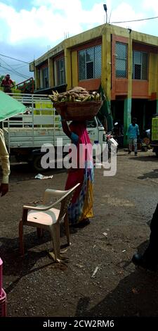 DISTRETTO KATNI, INDIA - 12 DICEMBRE 2019: Donna di villaggio asiatico andare con cestino pesante di verdure sul mercato agricolo. Foto Stock