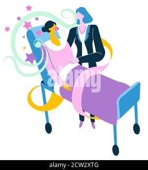 Assistenza infermieristica per pazienti malati che si stendono a letto Illustrazione Vettoriale