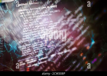 Foto monitor PC desktop. JavaScript funzioni, variabili, oggetti. I project manager lavorano una nuova idea. Futuro processo di creazione di tecnologie. Foto Stock