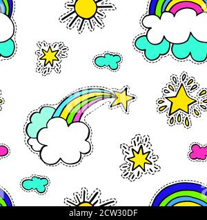 Arcobaleno con nuvole e stelle, sole senza cuciture modello Illustrazione Vettoriale
