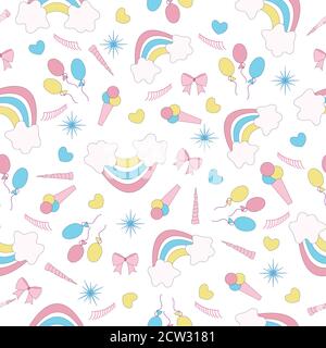 Magico motivo disegnato a mano di fiaba unicorno rosa, arcobaleno e diversi elementi di vacanza. Modello Illustrazione Vettoriale