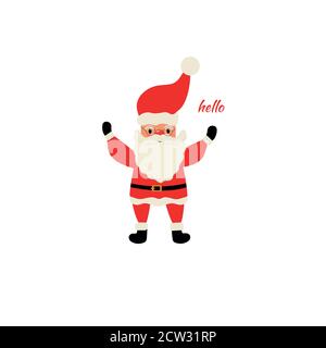 Illustrazione di Natale. Simpatico cartone animato Babbo Natale con cappello rosso che gli sventola la mano e il saluto. Ottimo per le carte di Natale e Capodanno, poster, regalo Illustrazione Vettoriale